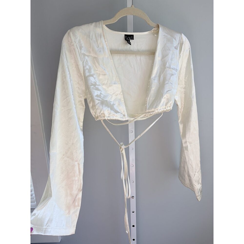WINDSOR Ivory Satin Tie Front Long Sleeve Wrap Crop Top XS